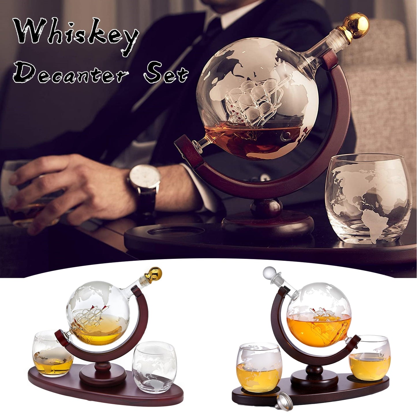 Decanter Globe Set with 2 Etched Globe Glasses Oval Solid Wood Tray Excellent Gift for Man