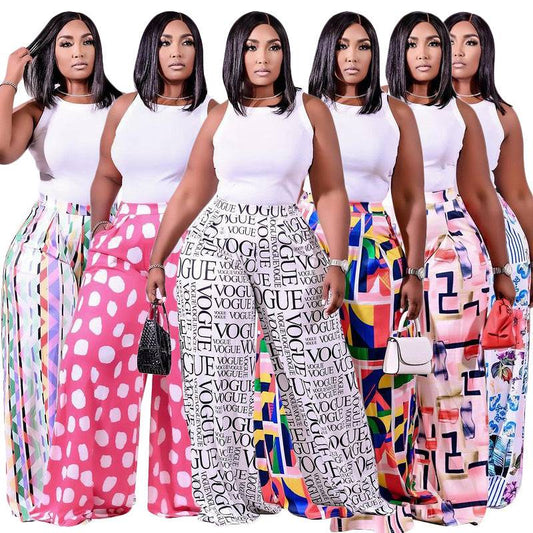 New arrival Casual letters geometric flower print stretch waist wide leg plus size women's pants & trousers