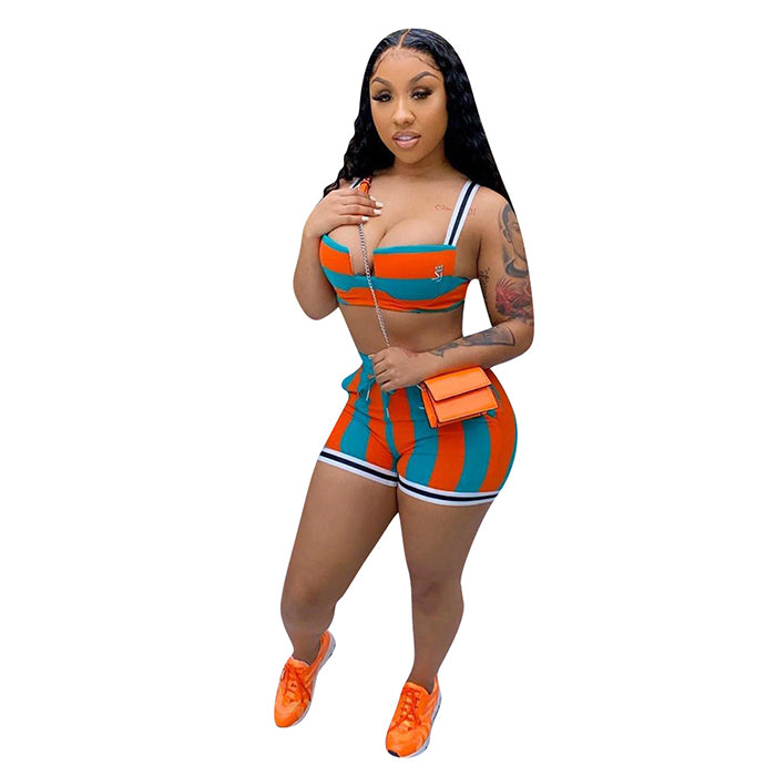 Two piece short set women shorts set sexy striped biker shorts 2 piece summer joggers set