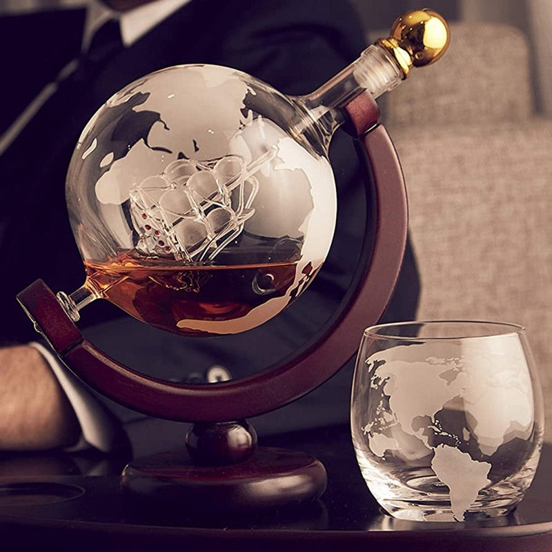 Decanter Globe Set with 2 Etched Globe Glasses Oval Solid Wood Tray Excellent Gift for Man