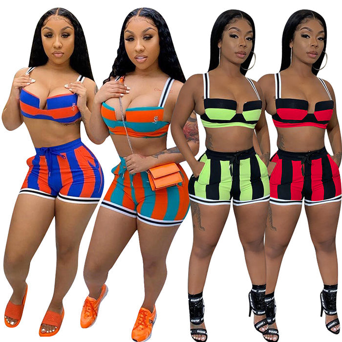 Two piece short set women shorts set sexy striped biker shorts 2 piece summer joggers set