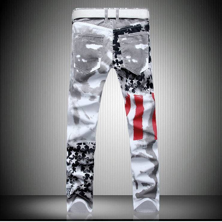 Men Casual American USA Flag Printed Jeans Mens Graffiti Print White Hip-hop Fashion Pants Slim Fit Trousers Y10907