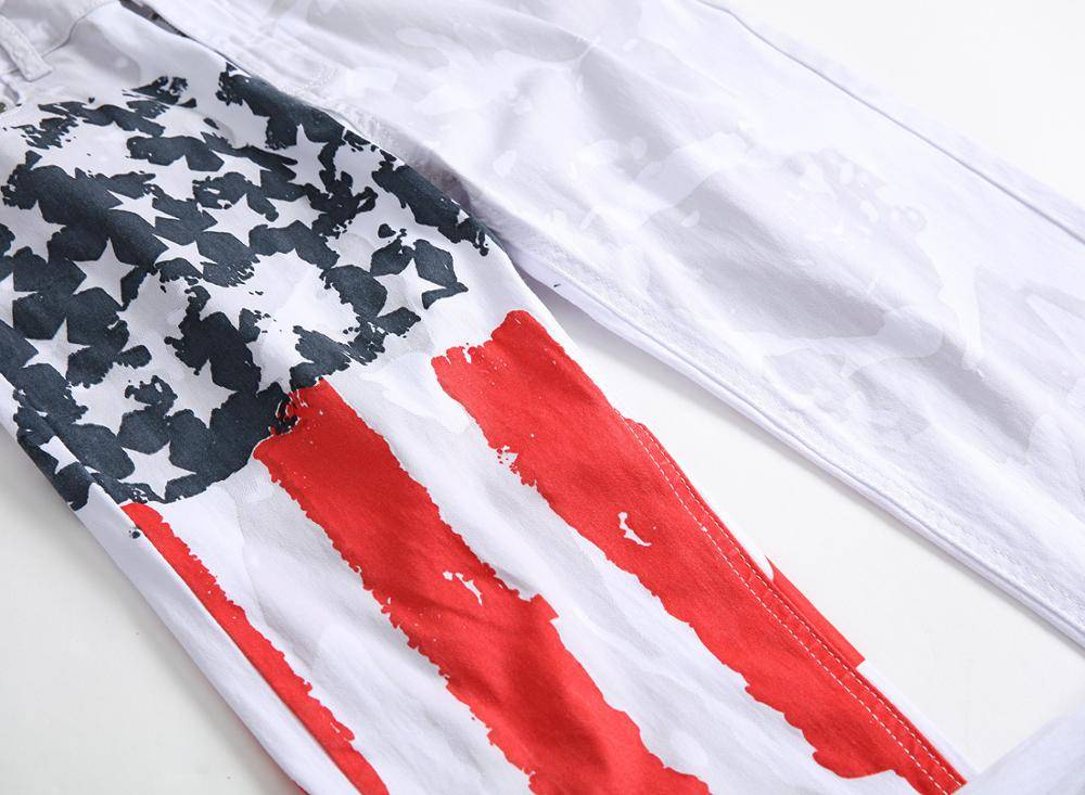 Men Casual American USA Flag Printed Jeans Mens Graffiti Print White Hip-hop Fashion Pants Slim Fit Trousers Y10907