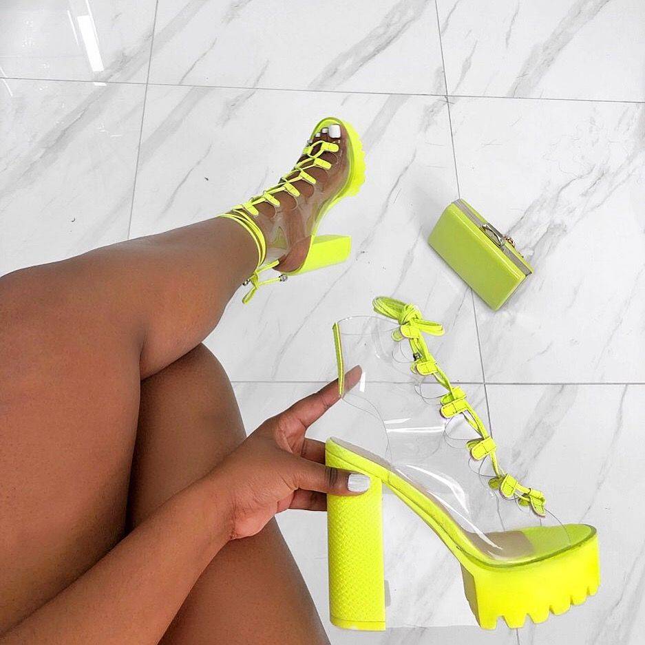 CS043 New summer bandage sandals for women PVC transparent high thick heeled sandals