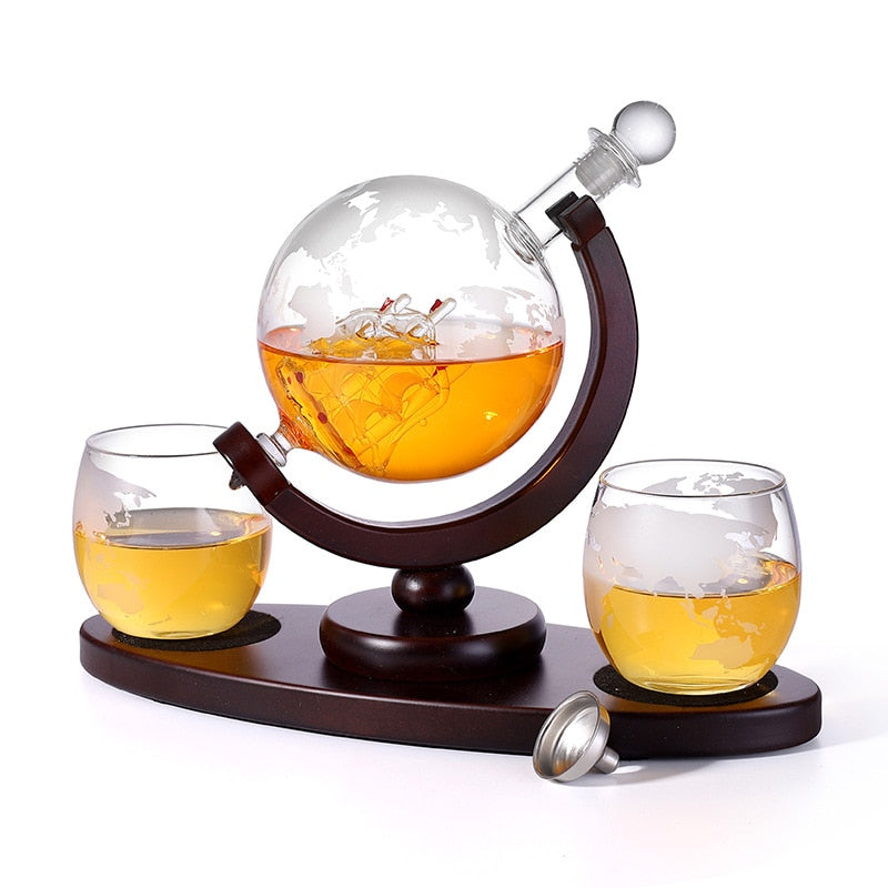 Decanter Globe Set with 2 Etched Globe Glasses Oval Solid Wood Tray Excellent Gift for Man