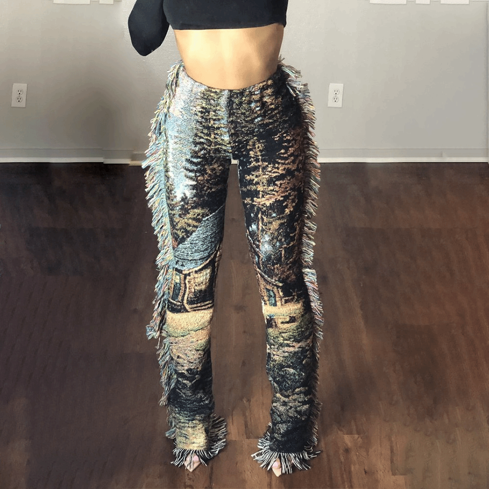 2022  Fashion Clothing Pants Casual Fringed Velvet Stacked Tassel Jogger Casual Pants Women