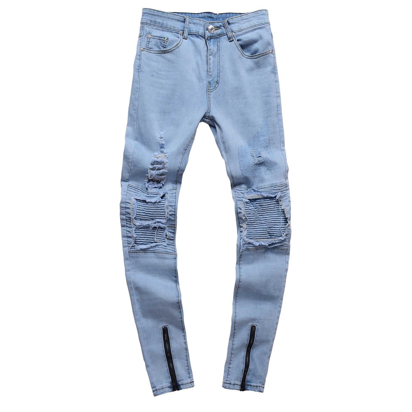 Black Cotton Mid Waist Zipper Fly Men's Denim Pants Jeans Ripped Skinny Hole Patchwork Blue Slim Fit Straight Leg Jeans Men