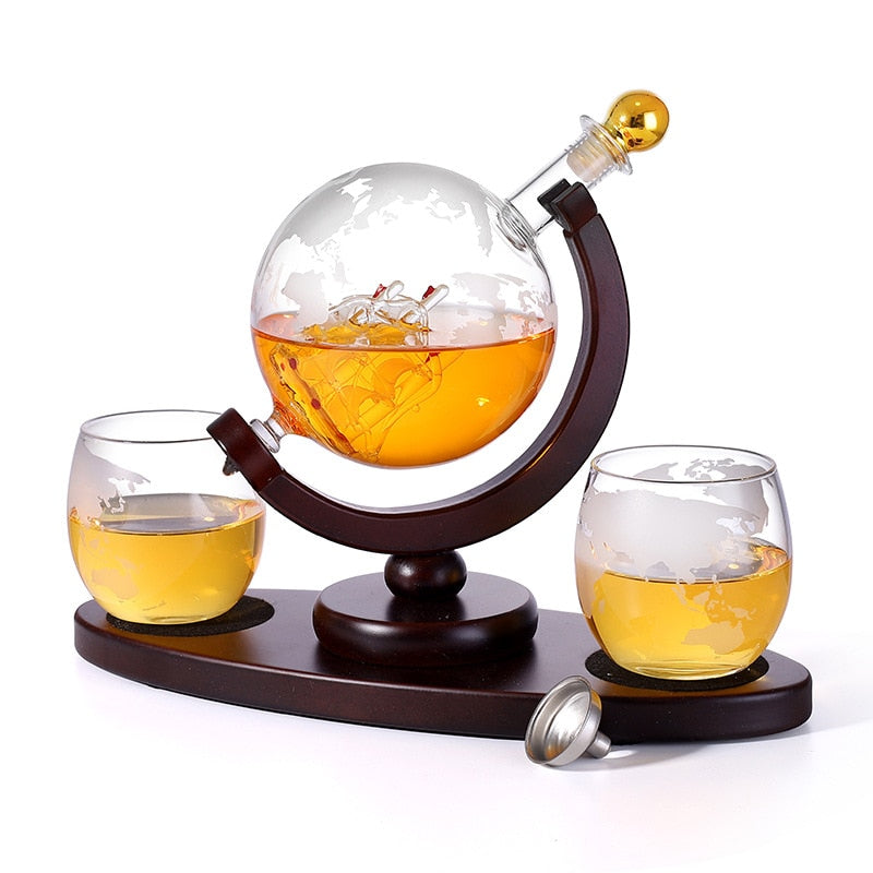 Decanter Globe Set with 2 Etched Globe Glasses Oval Solid Wood Tray Excellent Gift for Man