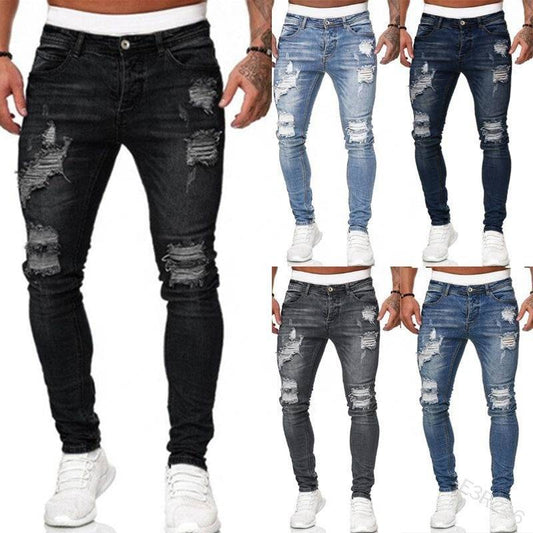 LW - 1990 high quality ripped skinny pencil jean distressed solid summer rock revival jeans men 2021