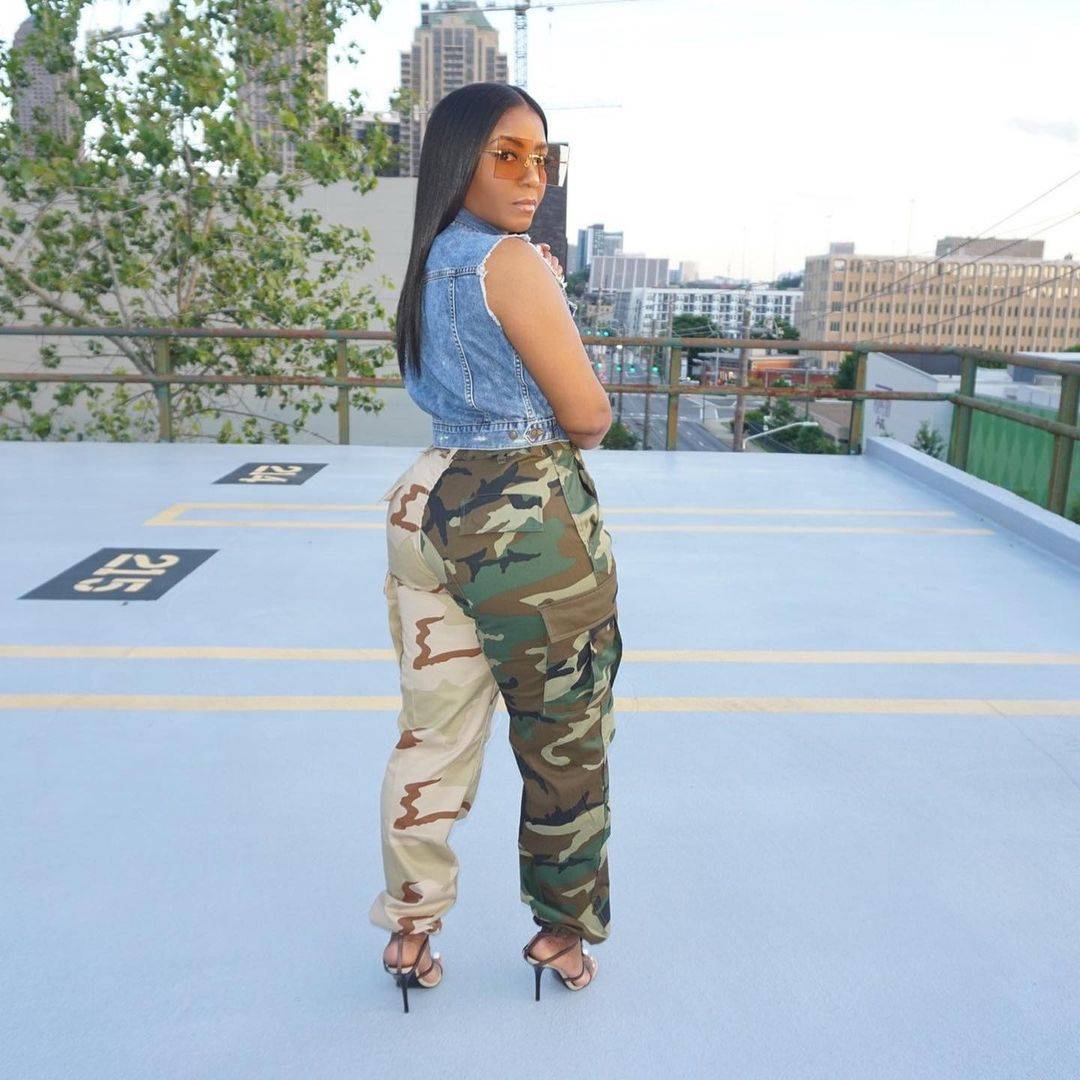 Hot Style Wide Leg  High Waist Woman Big Pocket Casual Military Trousers  Cargo Camouflage Pants