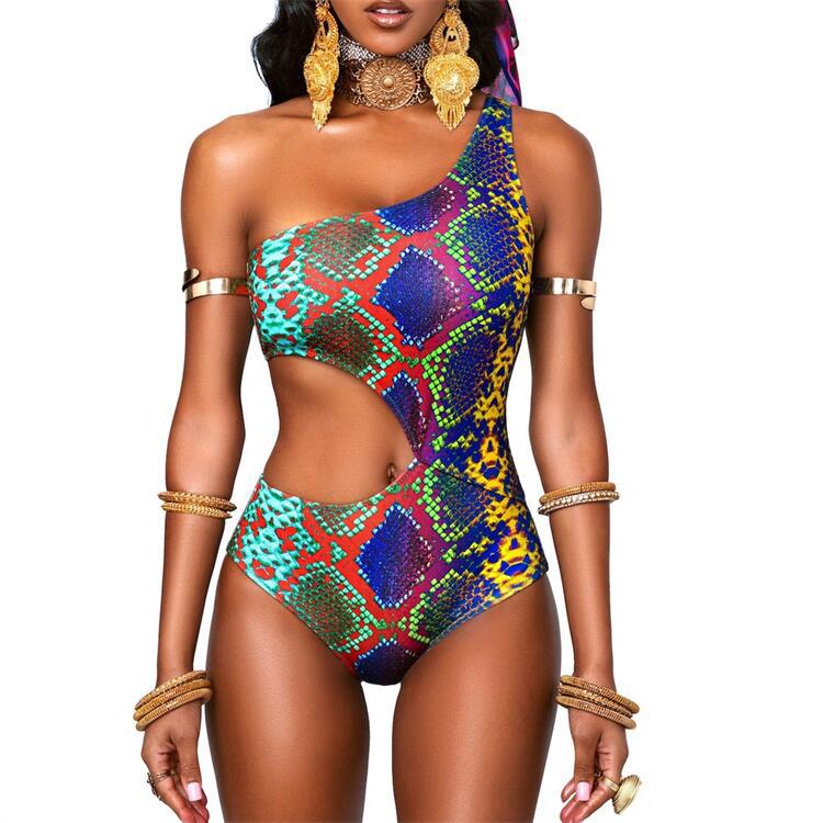 2023 new bikini women's one-piece hollow digital printing one-shoulder slim sexy European and American M2057