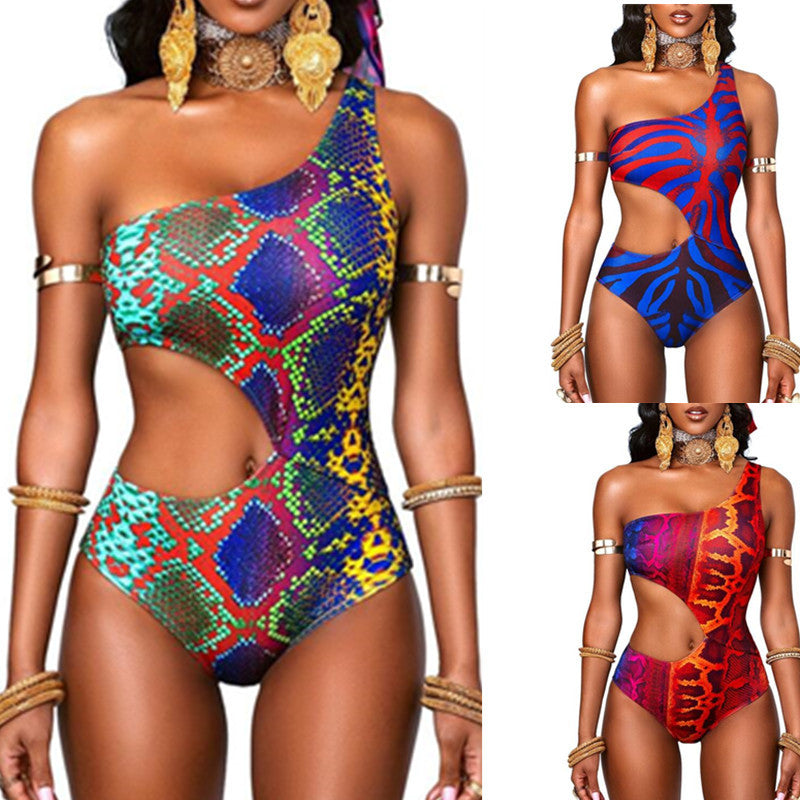 2023 new bikini women's one-piece hollow digital printing one-shoulder slim sexy European and American M2057