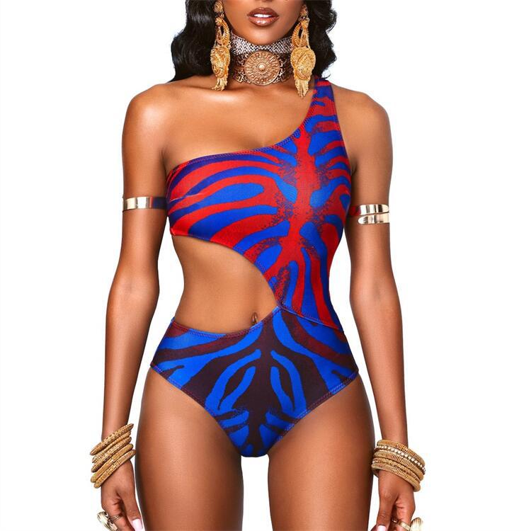 2023 new bikini women's one-piece hollow digital printing one-shoulder slim sexy European and American M2057