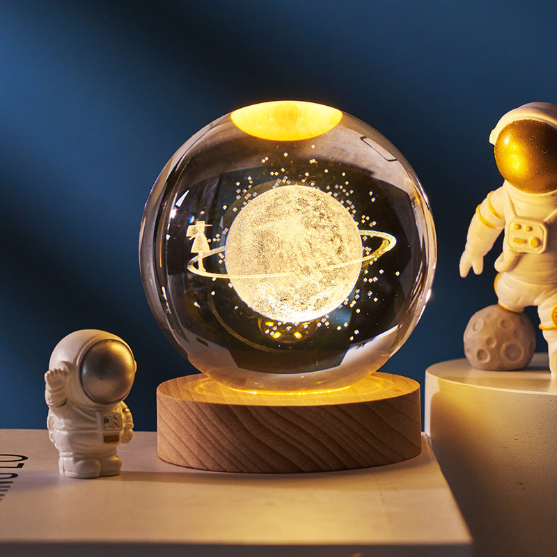 3D inner carved luminous crystal ball creative decoration cosmic whale moon astronaut galaxy birthday gift