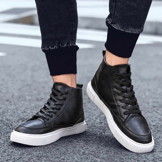 Leather shoes plus velvet warm high-top sneakers men's shoes autumn and winter men's casual Korean style sewing shoes all-match trendy shoes
