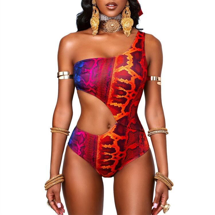 2023 new bikini women's one-piece hollow digital printing one-shoulder slim sexy European and American M2057