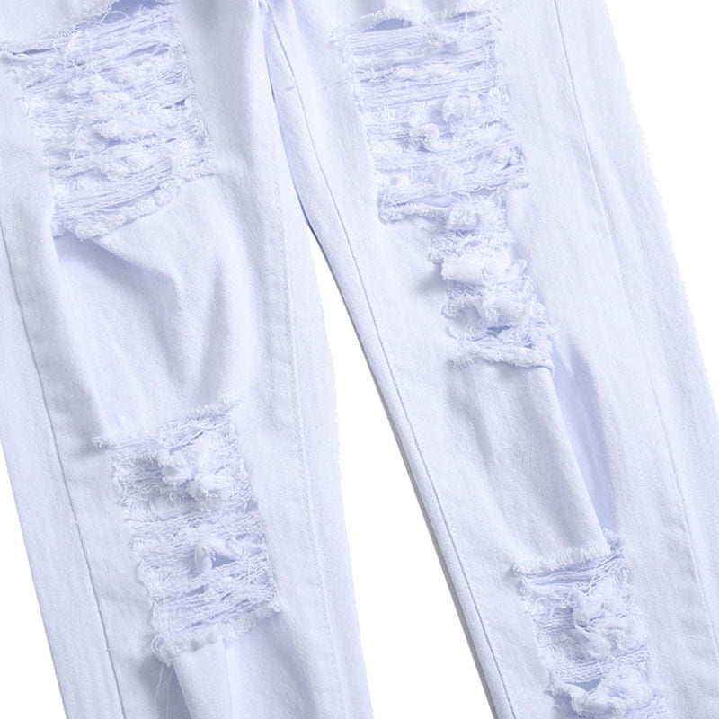 White Jeans Fashion Hip Hop Ripped Skinny Men Denim Trousers Slim Fit Zip Men Jean Pants