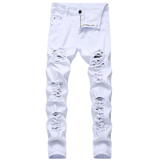 Men White Jeans Fashion Hip Hop Ripped Skinny Men Denim Trousers Slim Fit Stretch Distressed Zip Men Jean Pants High Quality