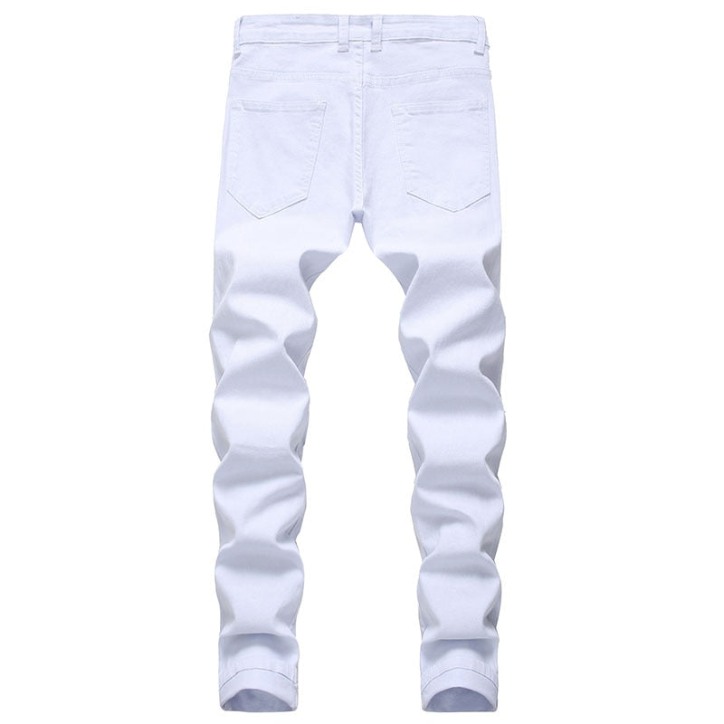 White Jeans Fashion Hip Hop Ripped Skinny Men Denim Trousers Slim Fit Zip Men Jean Pants